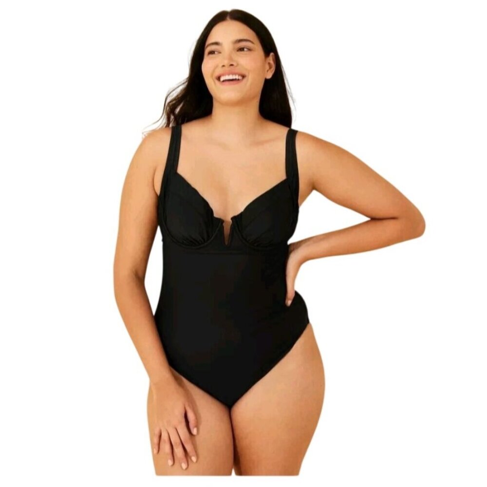 Shade & Shore Black Gray One-Piece Swimsuit Size 16 With Padded Cups Adjustable